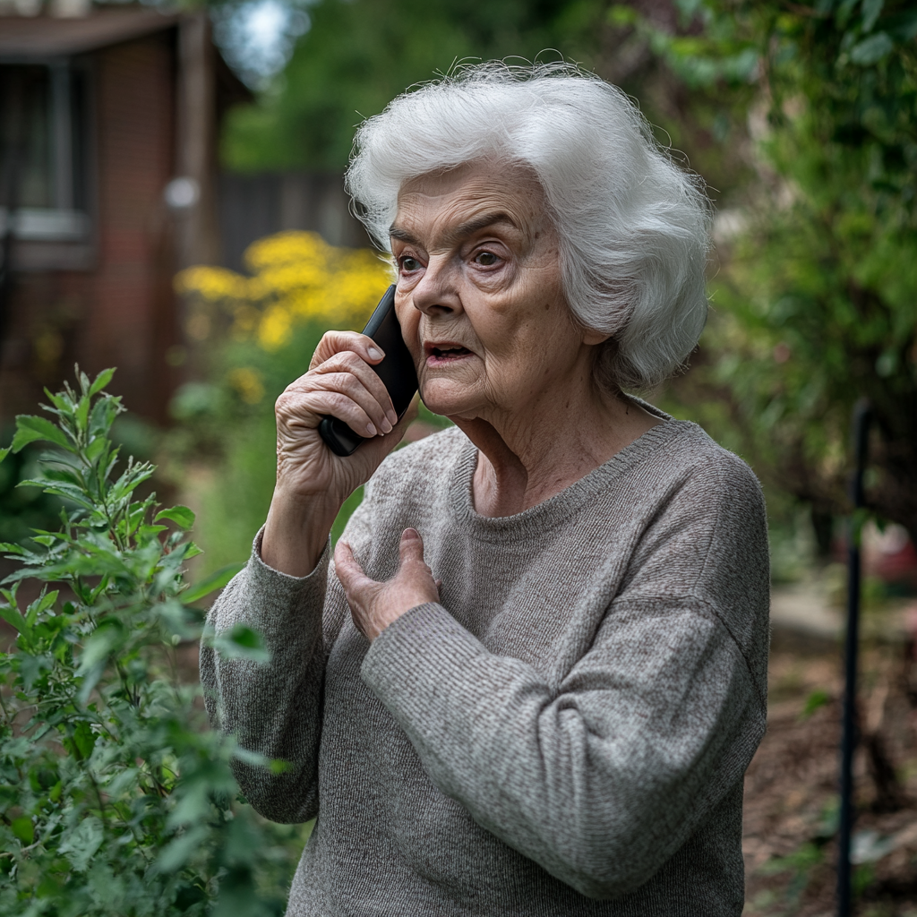 An elderly woman talking on her phone | Source: Midjourney