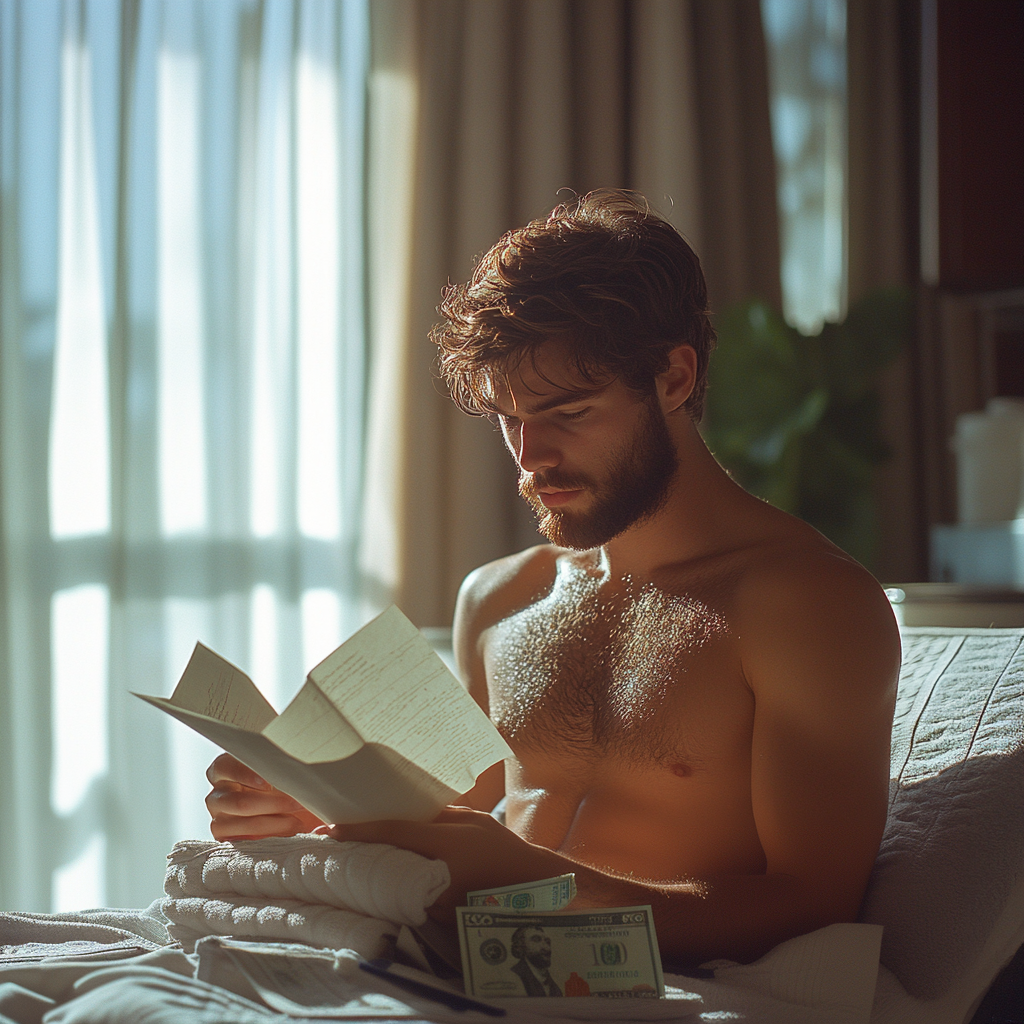 Dan reading Sarah's note with dollar bills scattered on the bed | Source: Midjourney