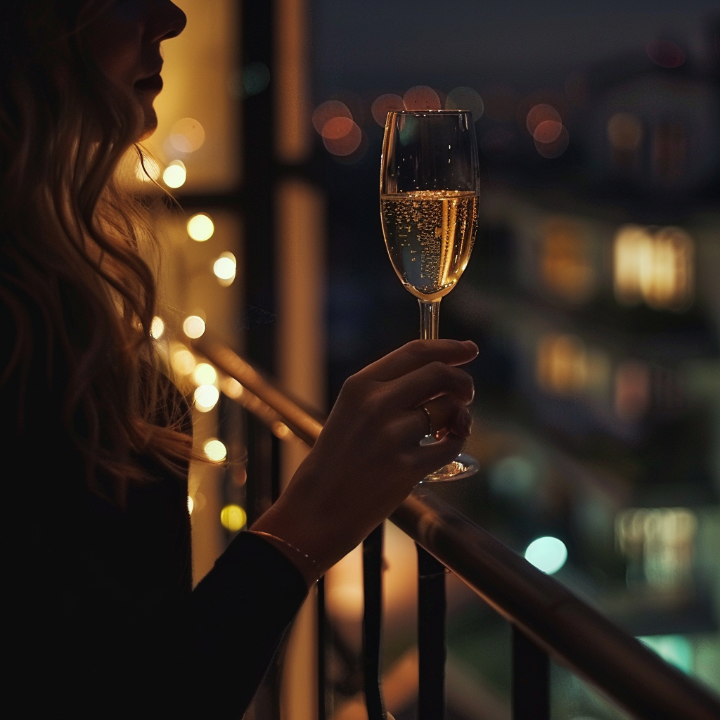 A woman holding a glass of champagne | Source: Midjourney