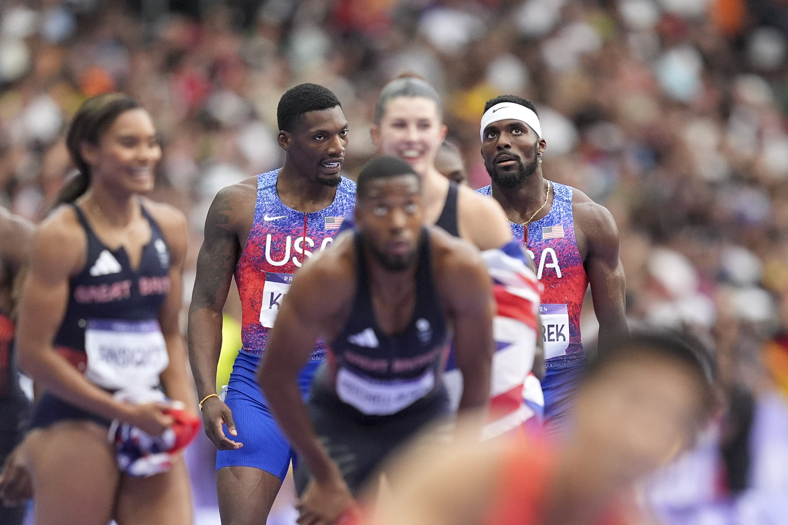 Kenneth Bednarek and Kyree King of Team United States after competing in the Men's 4x100-meter Relay Final at the Stade de France during the 2024 Summer Olympics on August 9, in France. | Source: Getty Images