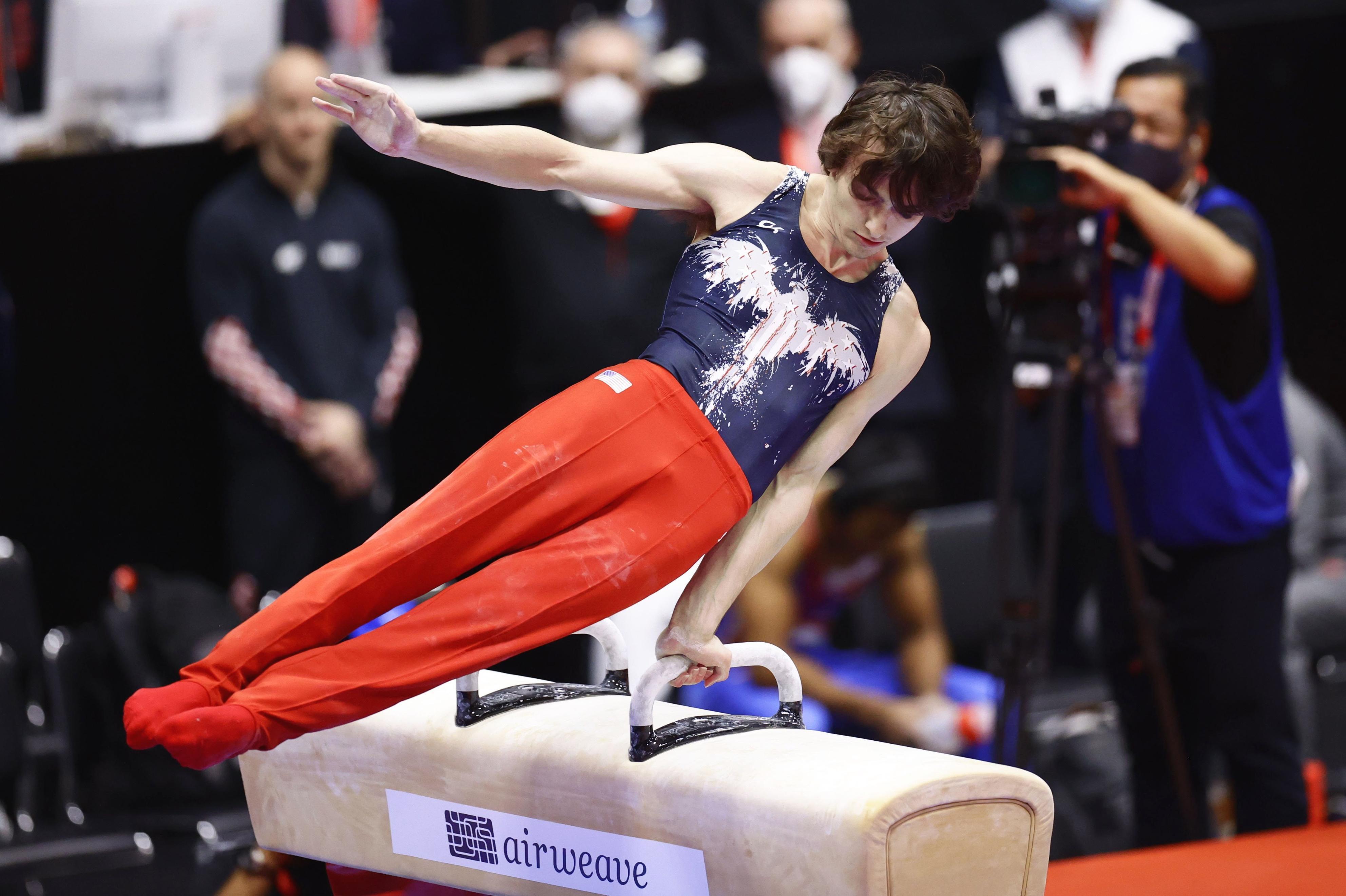 Stephen Nedoroscik of the United States competes en route to winning the men's pommel horse final on the sixth day of the artistic gymnastics world championships on Oct. 23, 2021 in Japan | Source: Getty Images