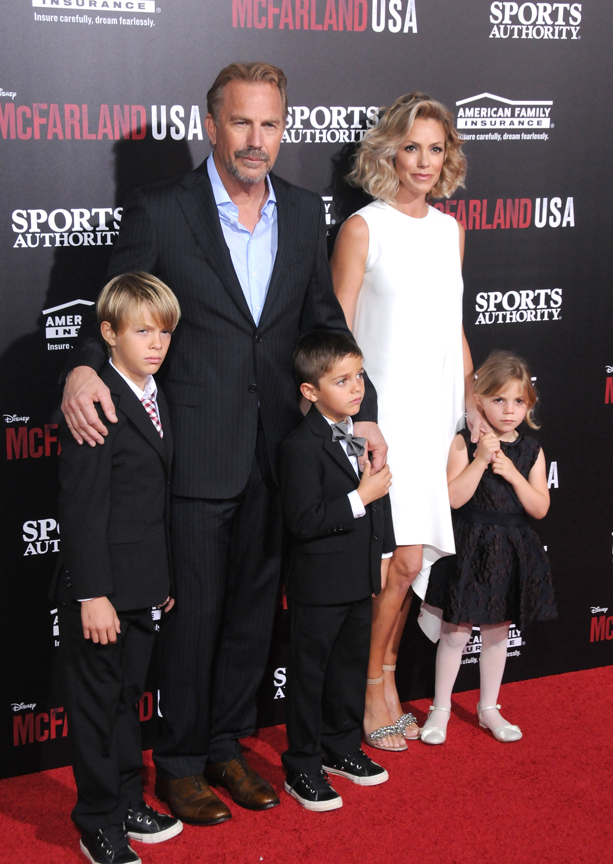 Cayden, Kevin, and Hayes Costner, Christine Baumgartner, and Grace Costner at the world premiere of "McFarland, USA," 2015