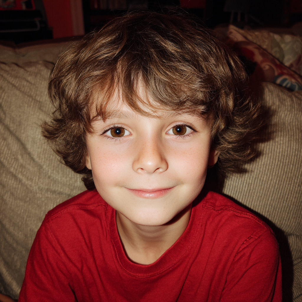 A smiling little boy sitting on a couch | Source: Midjourney