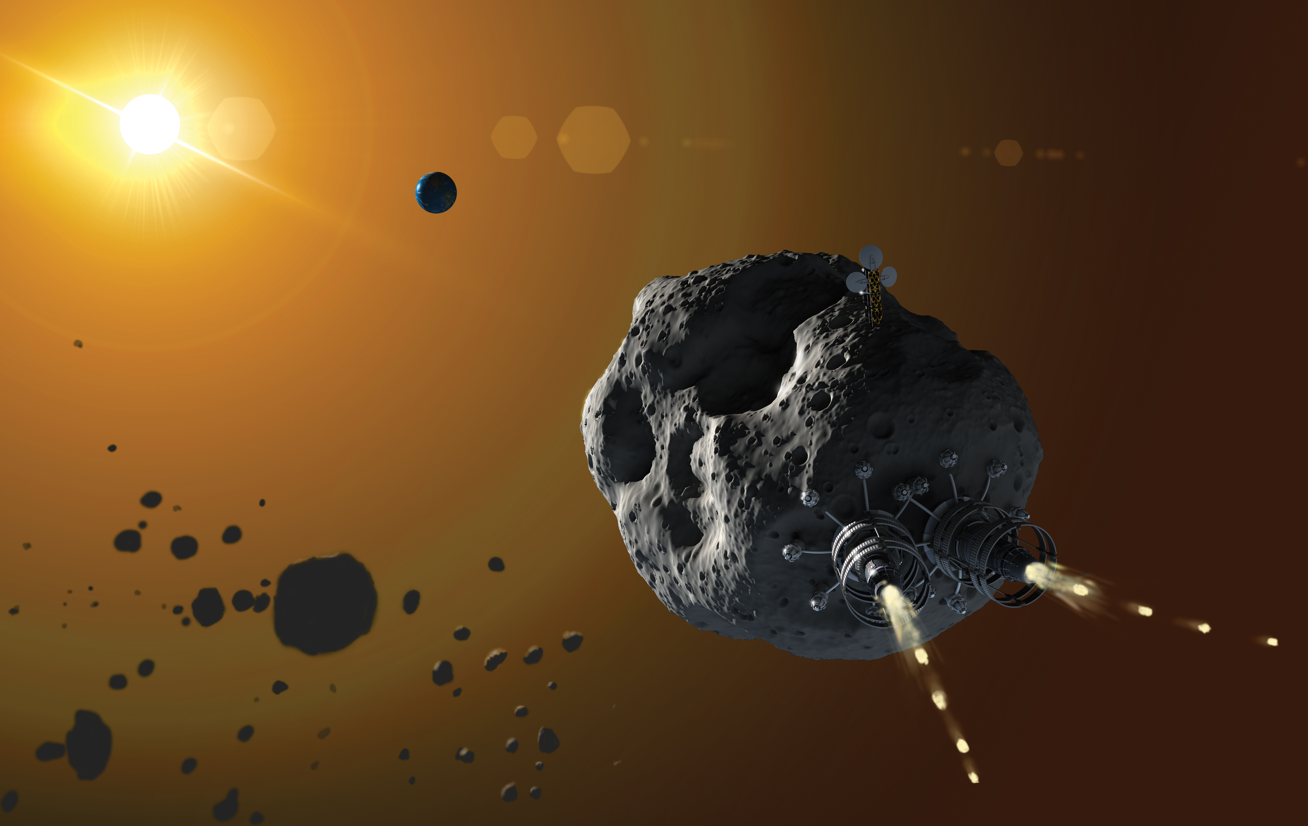 An illustration of an asteroid being driven through space by a propulsion system as part of the proposed Project RAMA, created on May 30, 2016. | Source: Getty Images