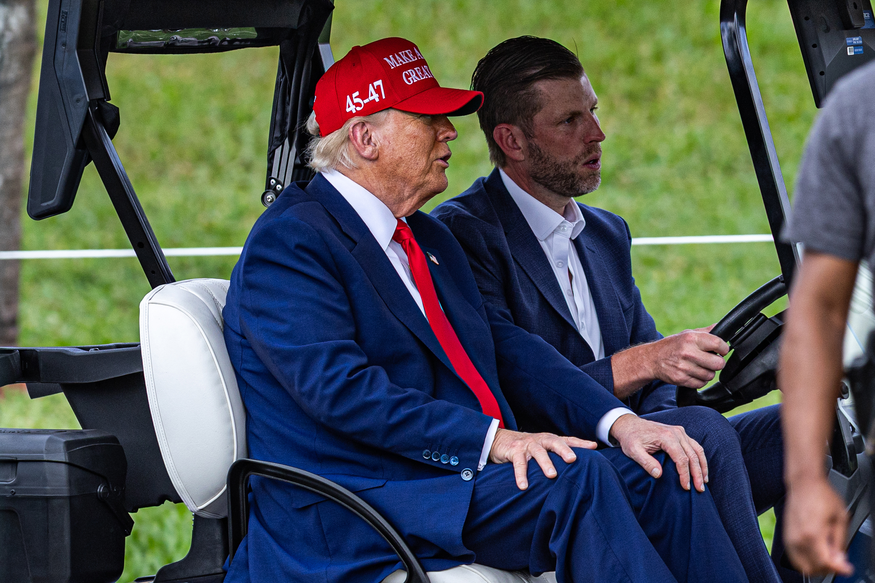 Donald and Eric Trump during LIV Golf Miami at Trump National Doral Miami on April 3, 2025, in Doral, Florida. | Source: Getty Images