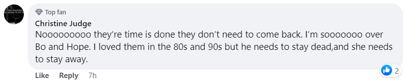 A fan's comment on a "Days of our Lives" post counting down Kristian Alfonso and Peter Reckell's return to the show on March 1, 2023 | Source: Facebook/Days of our Lives