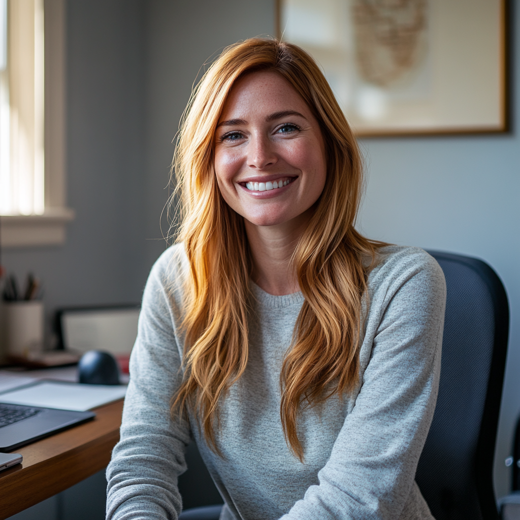 A smiling psychotherapist sitting in her office | Source: Midjourney