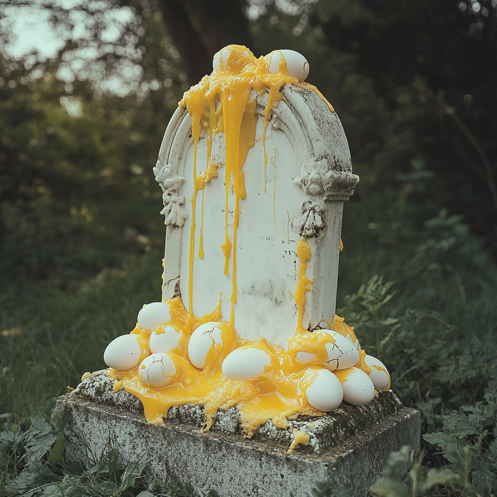 A gravestone covered in eggs | Source: Midjourney