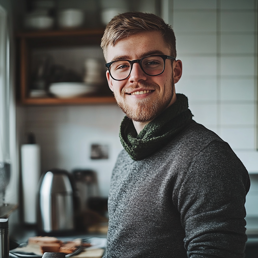 A man standing in the kitchen in a happy mood | Source: Midjourney