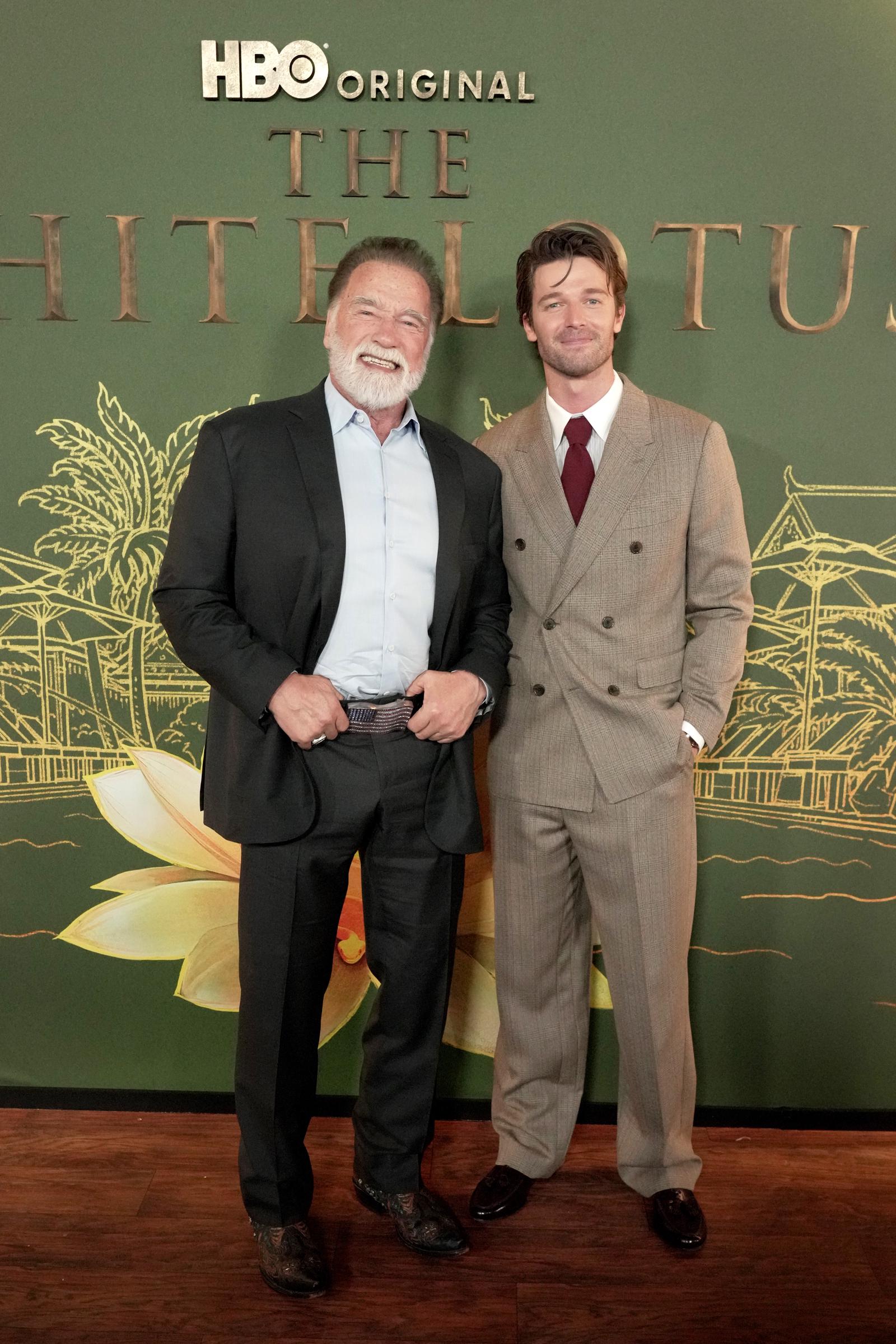 Arnold Schwarzenegger and Patrick Schwarzenegger attend the world premiere of "The White Lotus" Season 3 at Paramount Studios on February 10, 2025, in Los Angeles, California | Source: Getty Images