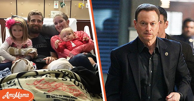 Wounded hero US Army SFC Caleb Brewer and his family [left] Gary Sinise prepares to shoot a scene for the ninth season finale of "CSI: NY" [right] | Photo: Getty Images   youtube.com/GarySiniseFoundation 