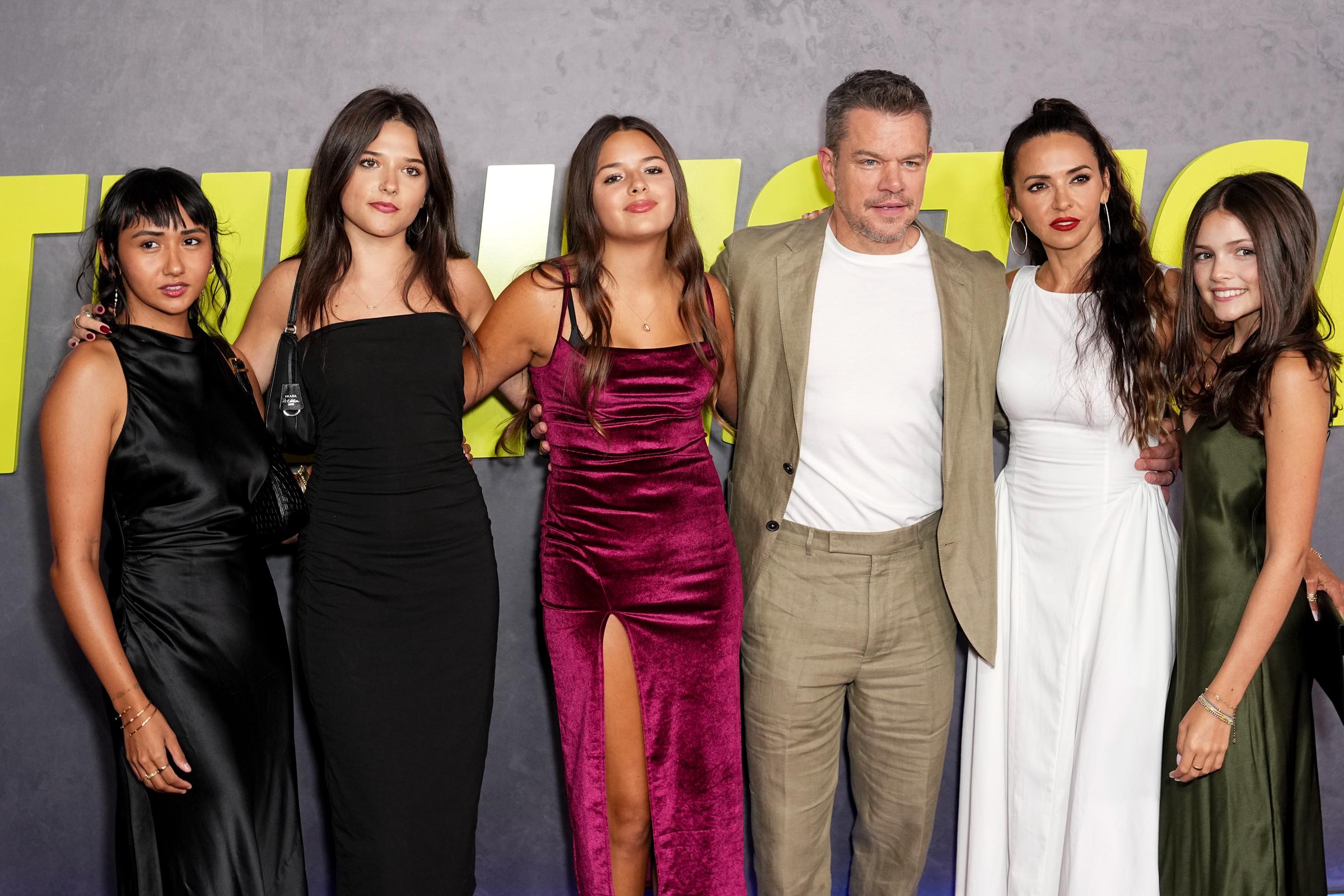 Alexia Barroso, Isabella Damon, Gia Damon, Matt Damon, Luciana Barroso and Stella Damon at "The Instigators" New York Premiere at Jazz at Lincoln Center on July 31, 2024, in New York City. | Source: Getty Images