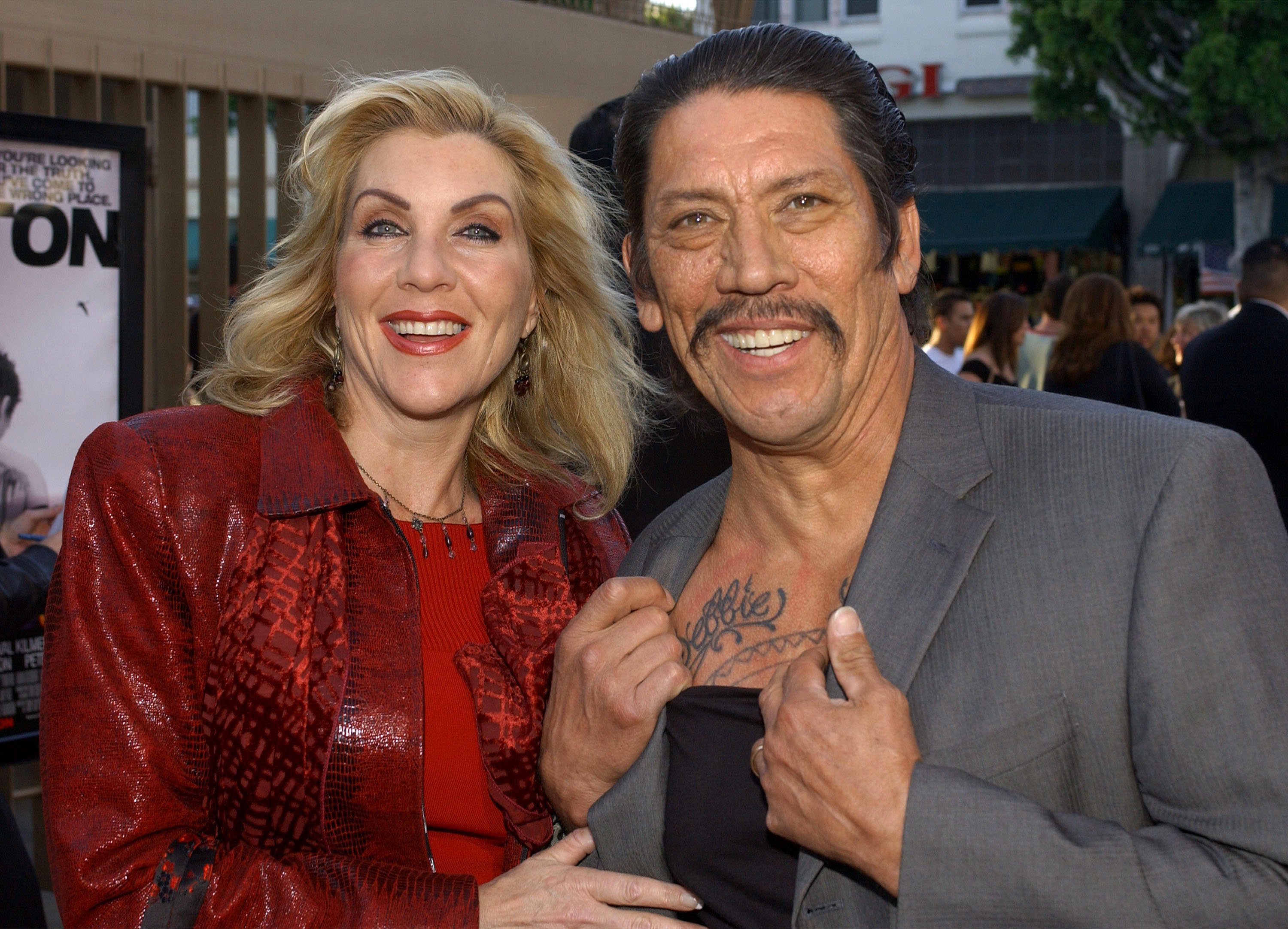 Actor Danny Trejo shows tattoo with name of his wife Debbie at the premiere of the film "The Salton Sea" April 23, 2002 at the Egyptian Theatre in Hollywood, CA. | Source: Getty Images