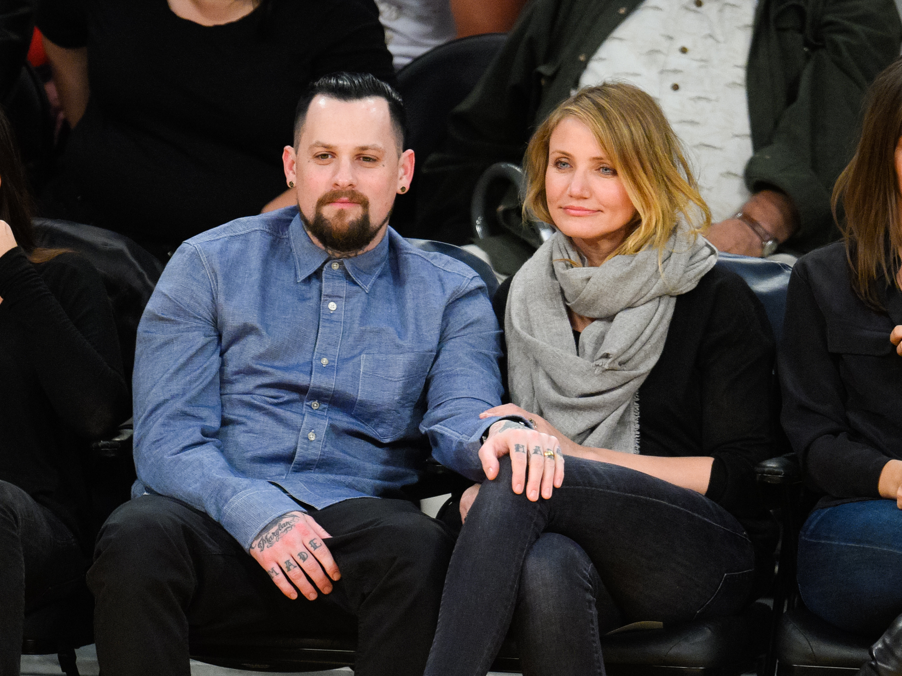 Benji Madden (L) and Cameron Diaz attend a basketball game between the Washington Wizards and the Los Angeles Lakers at Staples Center on January 27, 2015 in Los Angeles, California | Source: Getty Images