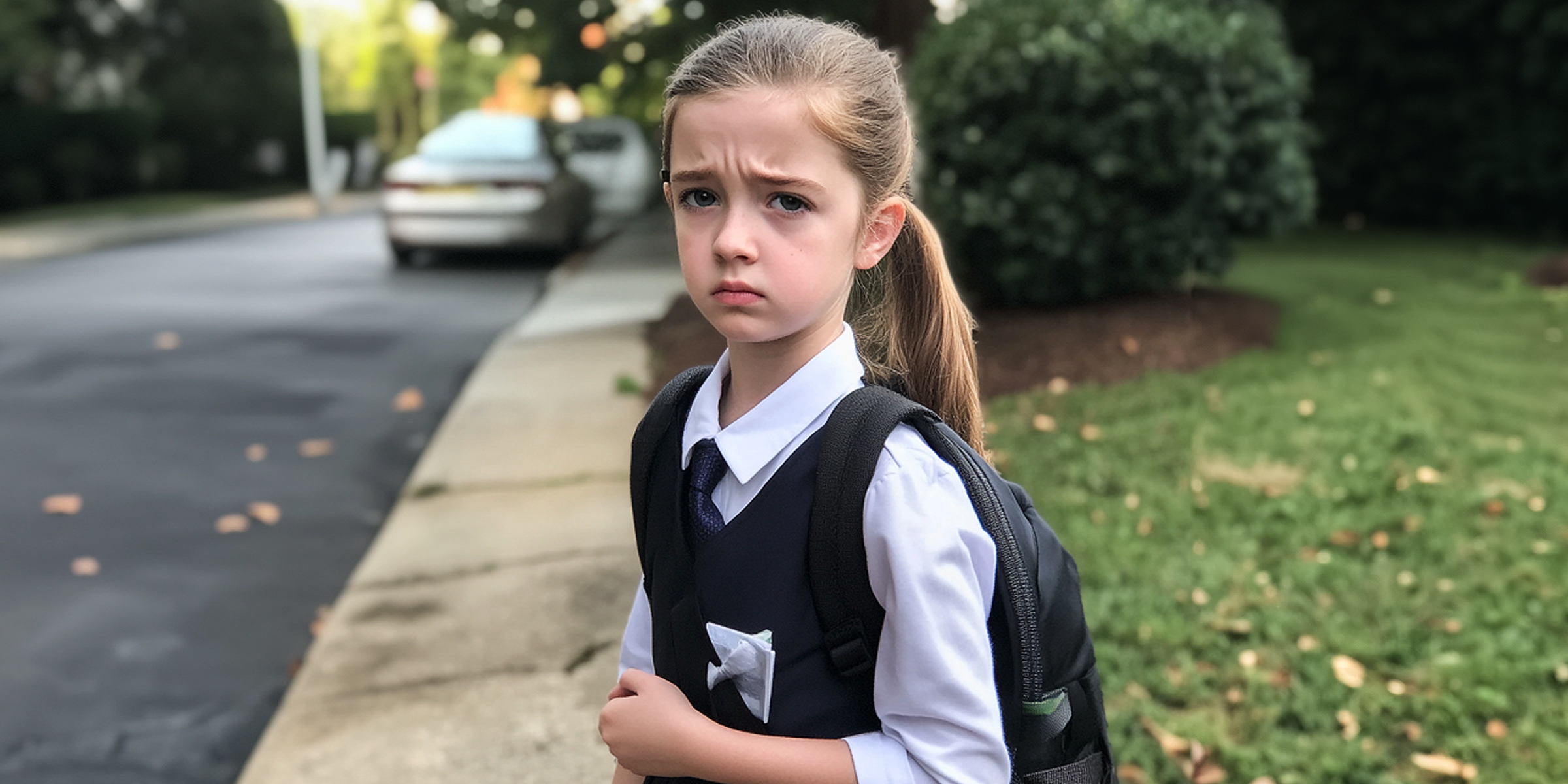 A sad little school girl standing on the road | Source: Amomama