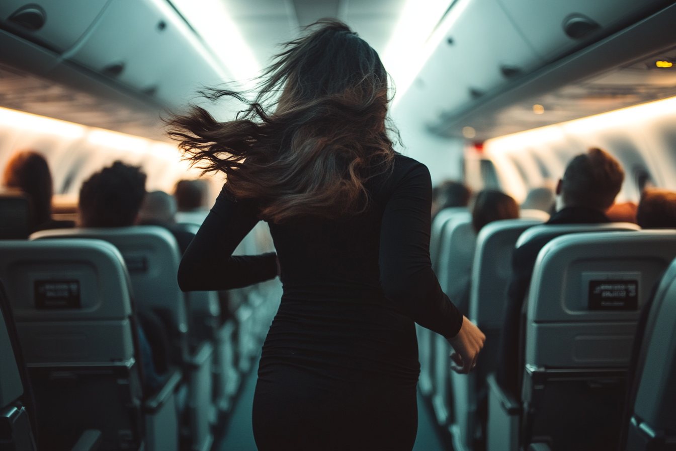 A woman running in an airplane | Source: Midjourney