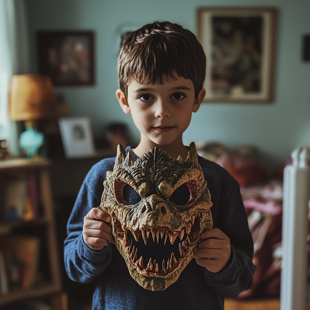 Young boy holding a dragon Halloween costume | Source: Midjourney