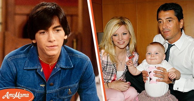 (L) Scott Baio as Chachi Arcola in the ABC sitcom "Happy Days" on October 27, 1981. (R) Actor Scott Baio and wife actress Renee Baio pictured with their daughter Bailey at a press conference at the Mattell Children's Hospital UCLA on September 5, 2008 in Westwood, California. / Source: Getty Images