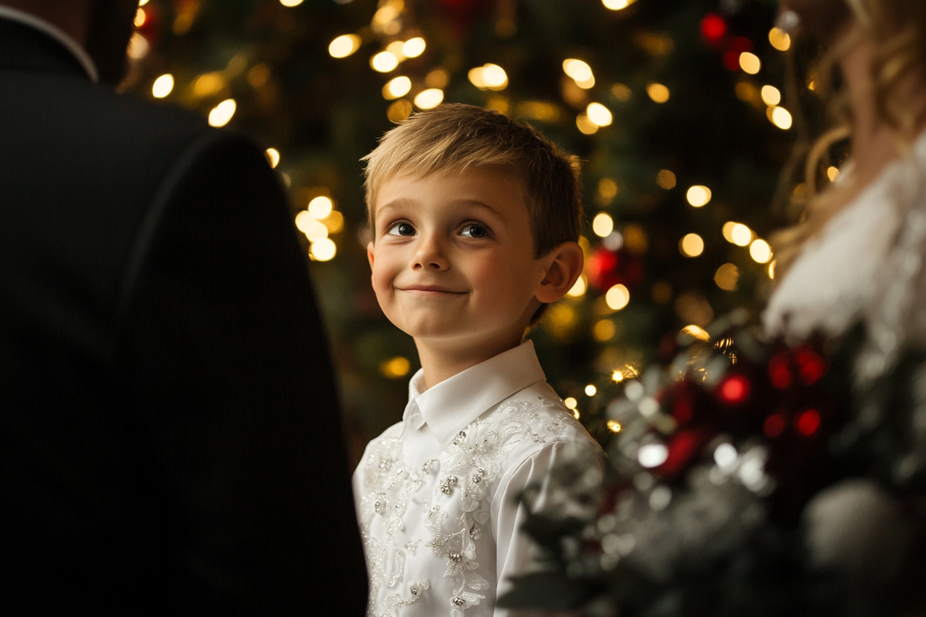 A boy lookihng up at a groom and bride | Source: Midjourney