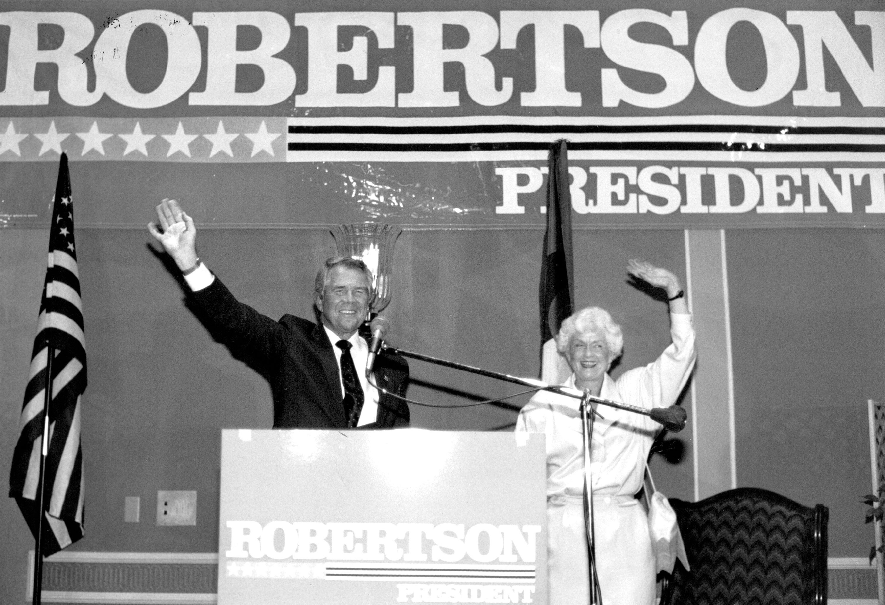 Pat Robertson and wife Dede greet fans at a rally at the Sheraton Denver Tech Center on April 3, 1988 | Photo By Brian Brainerd/The Denver Post via Getty Images