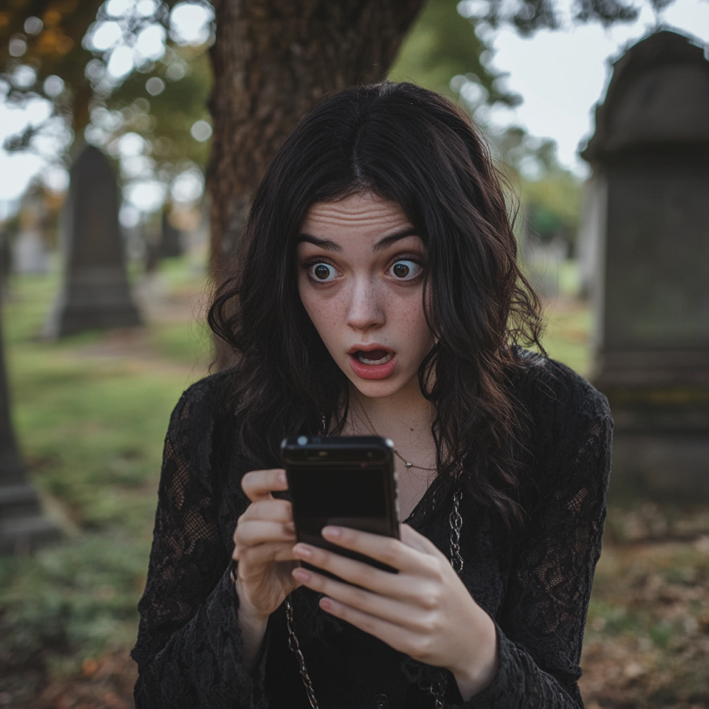 A shocked woman looking at her phone screen | Source: Midjourney