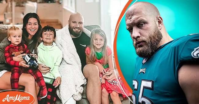 Pictured: (L) NFL player Lane Johnson and his family, wife Chelsea Johnson and kids, David, Journey and Channing. (R) Football star Lane Johnson in his sports gear | Source: Instagram/@lanejohnson65 and Instagram/@chelsea_layne13