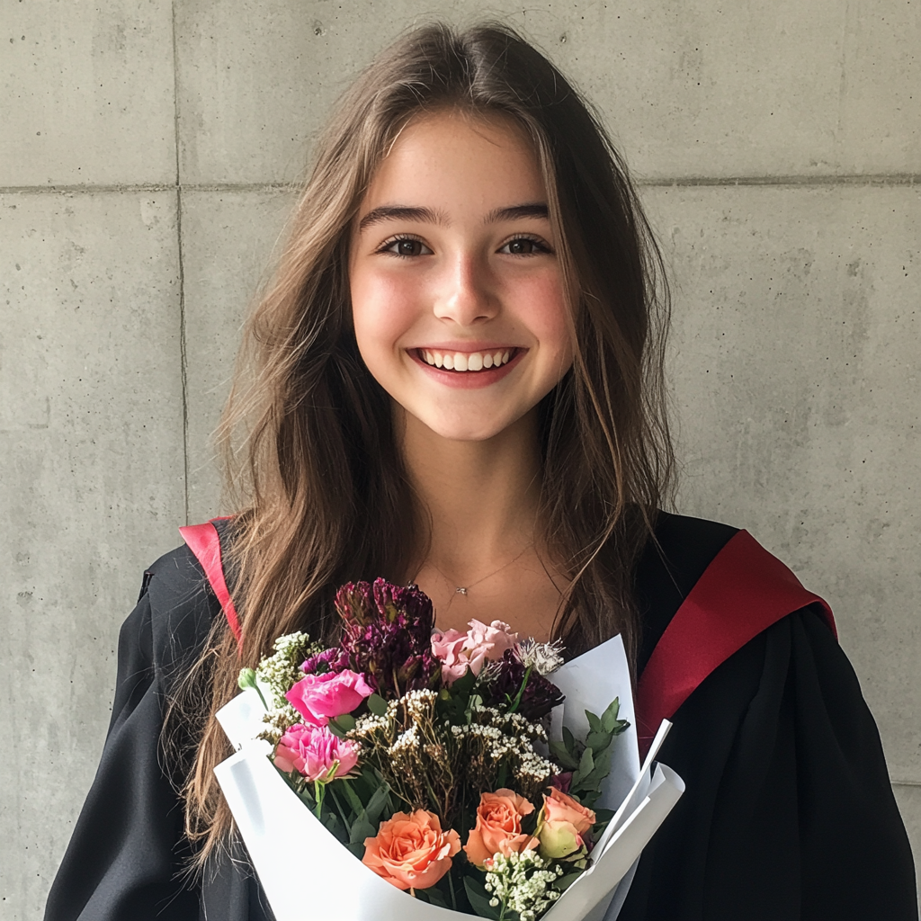 A teenager in her graduation gown and flowers | Source: Midjourney