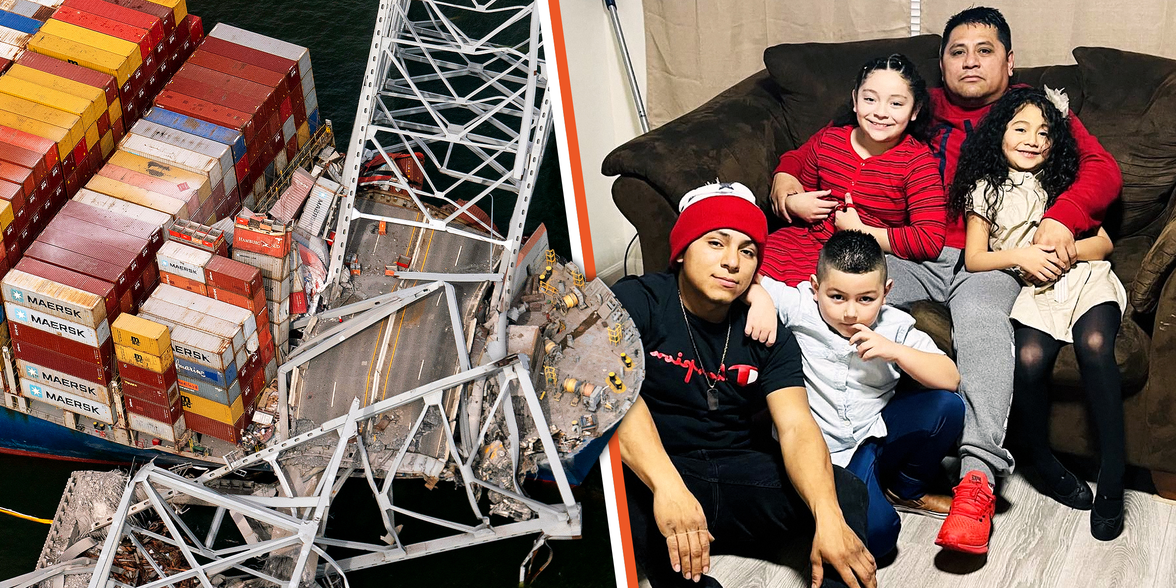 [Left]Container ship collides with bridge. [Right] Miguel Luna and his family | Source:Facebook/Miguel Luna | Getty Images