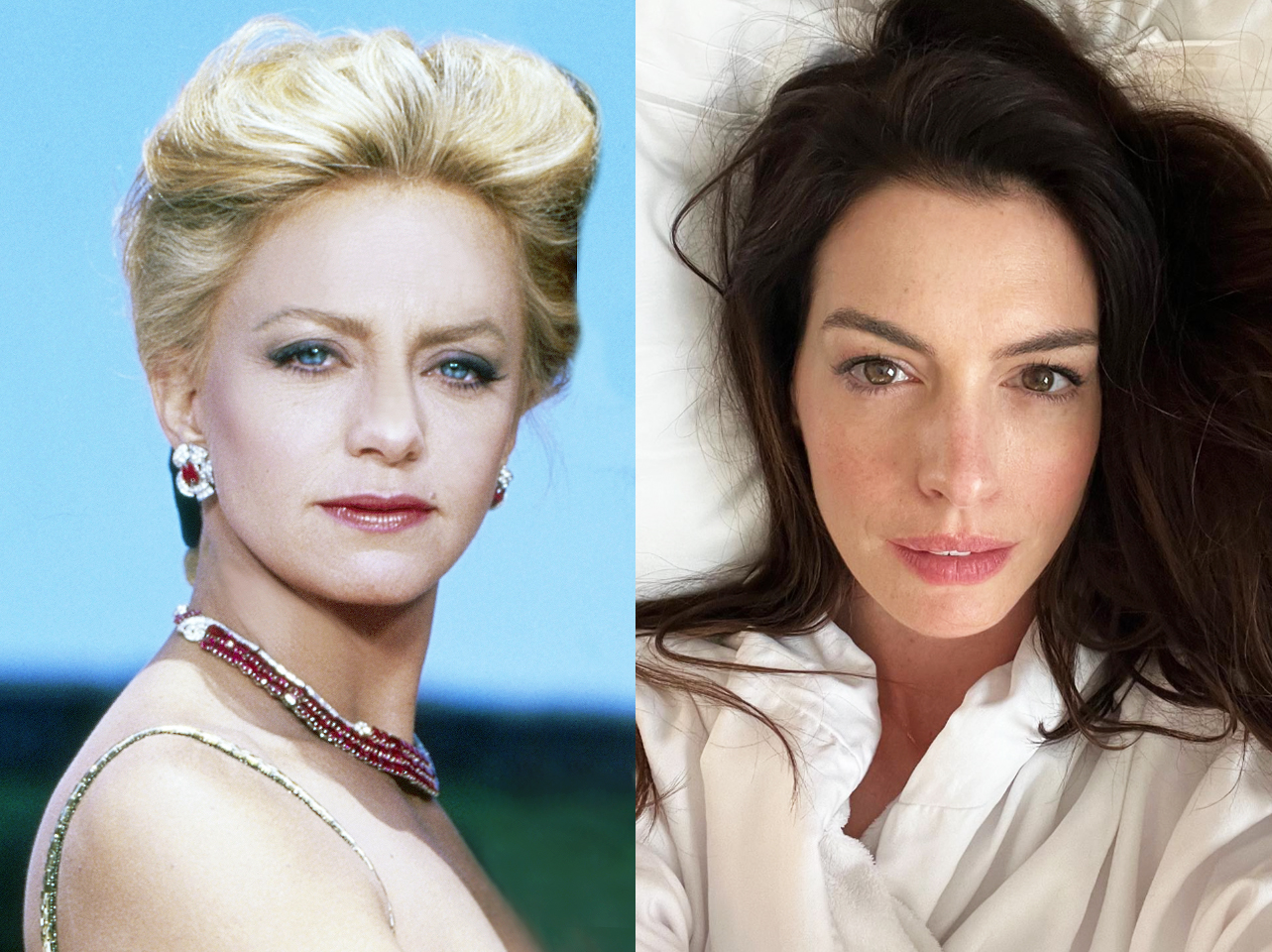 A side-by-side of Goldie Hawn and Anne Hathaway in their 40s. | Source: Getty Images | Instagram/annehathaway