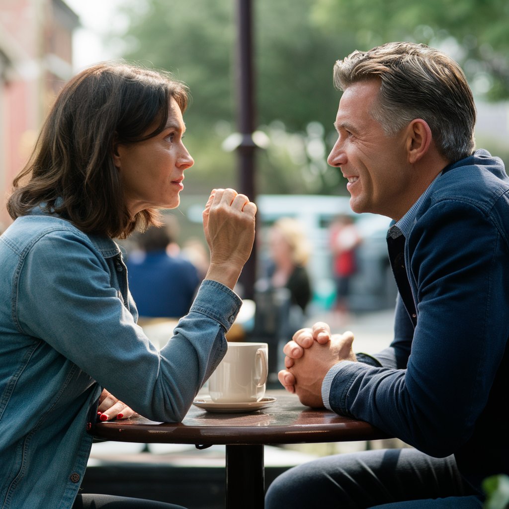 A woman and man talking over a café table | Source: Midjourney