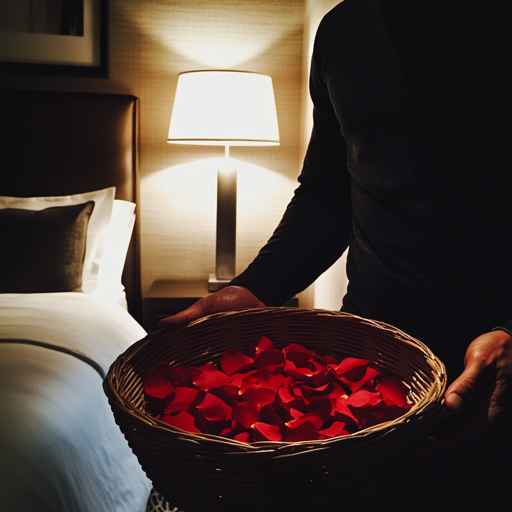 A man holding a basket of roses | Source: Midjourney