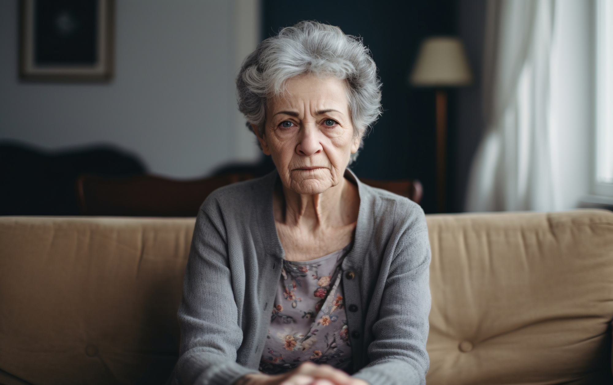 A sad and frustrated grandmother sitting on a sofa | Source: Freepik