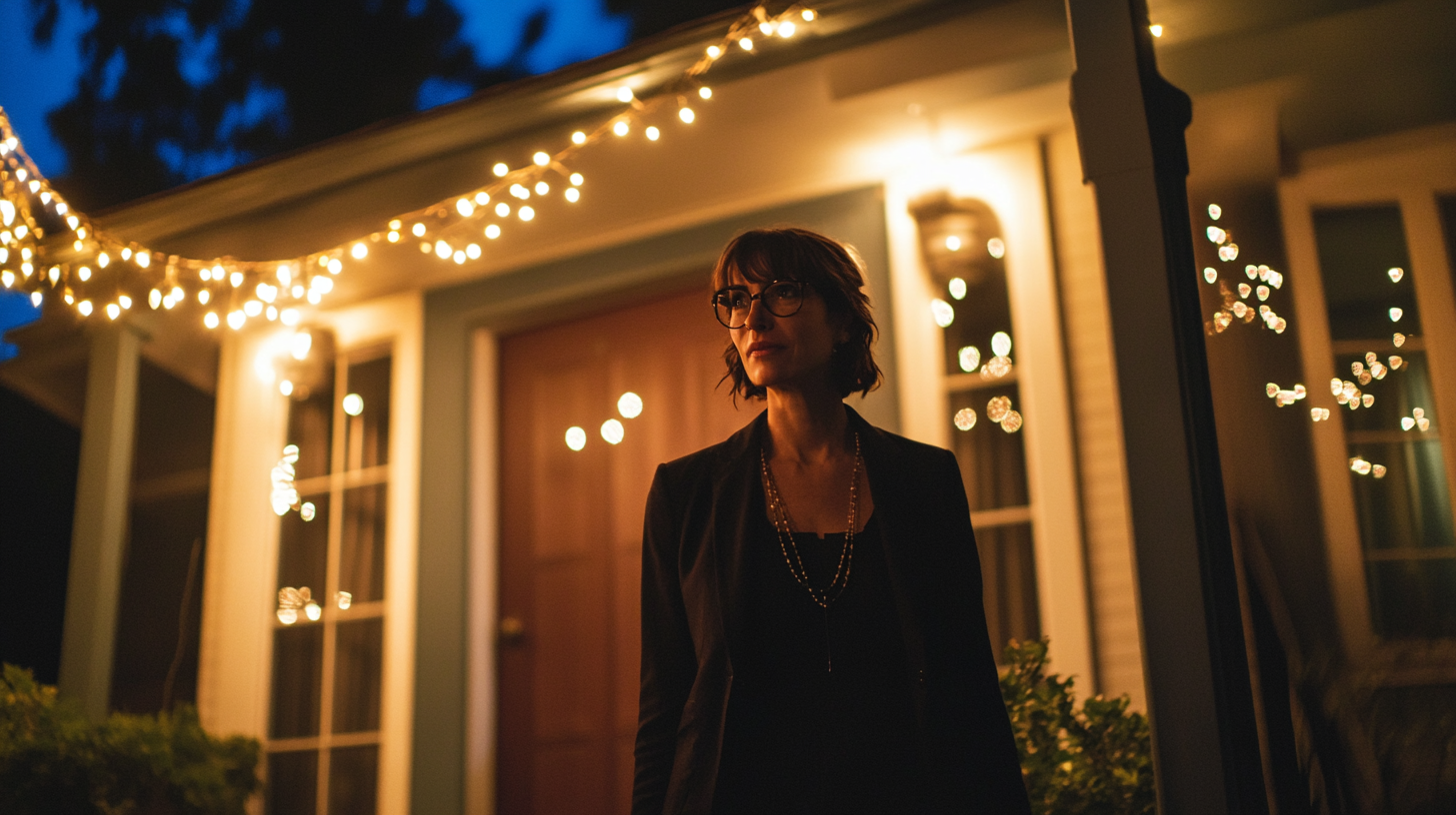 Suspicious woman standing on the porch | Source: Midjourney