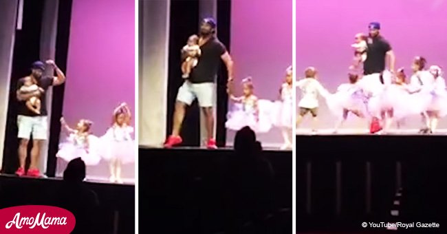 Dad goes viral after joining daughter's ballet performance to calm her nerves (video)