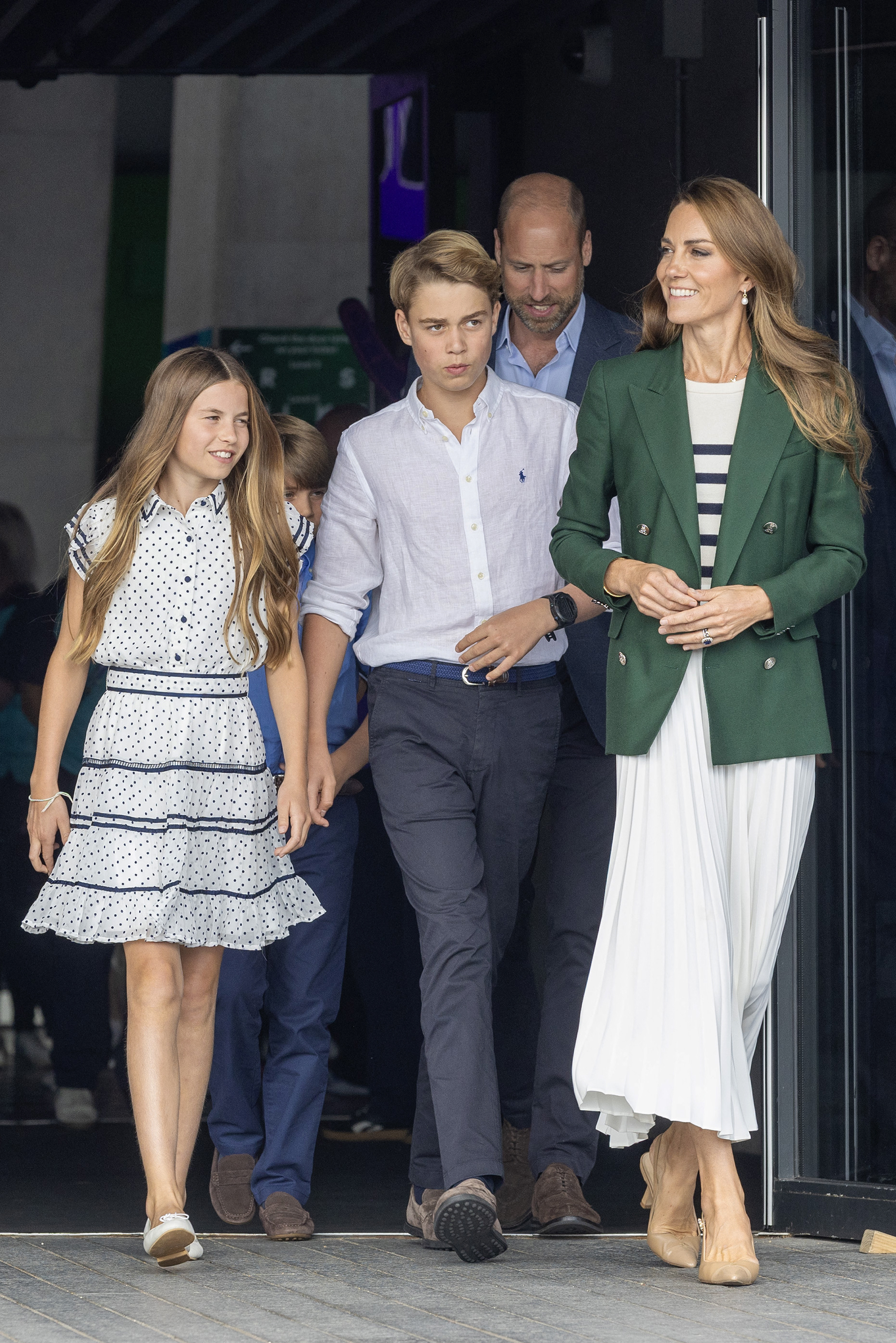 Princess Charlotte of Wales, Prince George of Wales and Catherine, Princess of Wales, Duchess of Rothsay and Prince William, Prince of Wales, Duke of Rothsay visit Team Wales during the 2026 Commonwealth Games at the Yotel Hotel on August 1 in Glasgow, Scotland. | Source: Getty Images