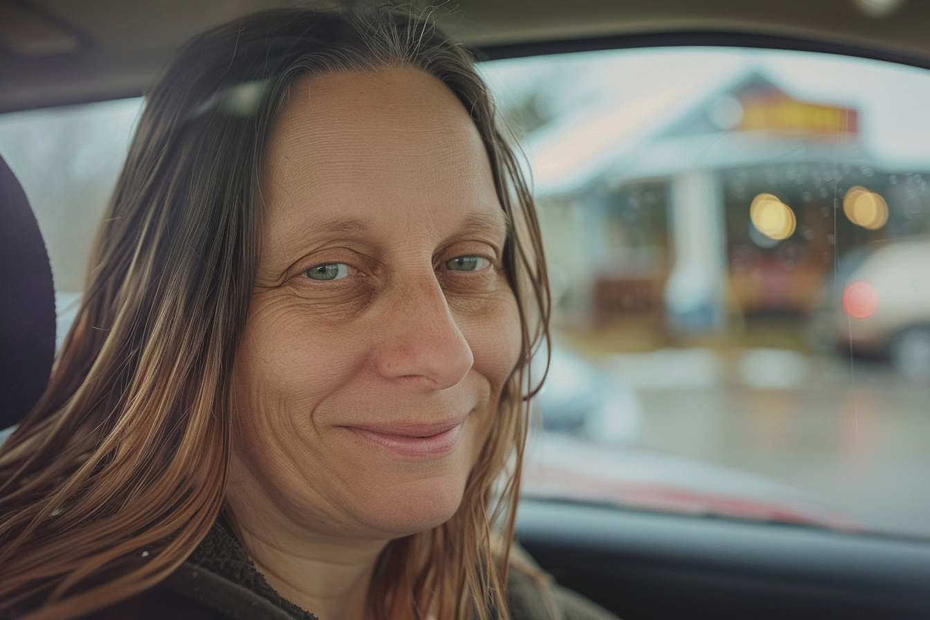 A woman in a car with a proud face | Source: Midjourney