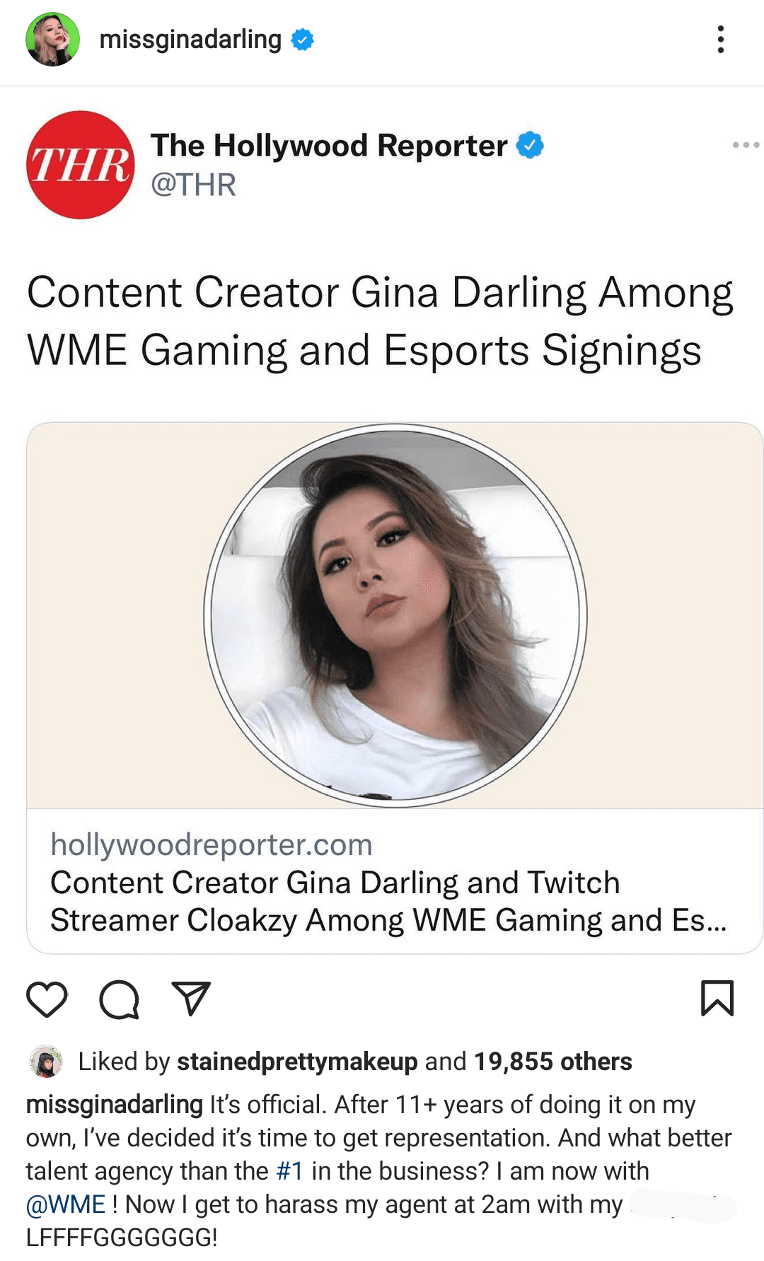 Gina Darling's Instagram post confirming her WME signing, shared on August 24, 2021 | Photo: Instagram/missginadarling