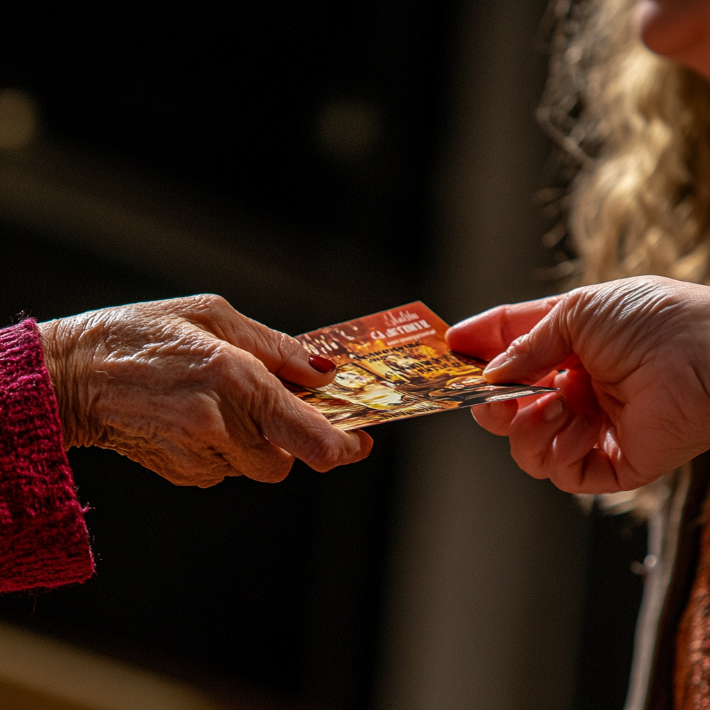 A woman giving her mother a flyer | Source: Midjourney