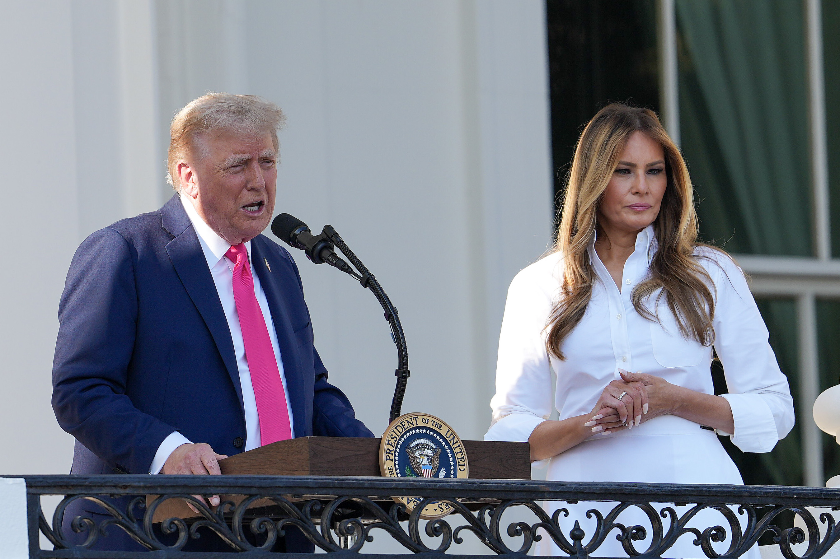 Donald Trump, joined by Melania, delivers remarks during an Independence Day military family picnic on the South Lawn of the White House on July 4, 2025 in Washington, DC | Source: Getty Images