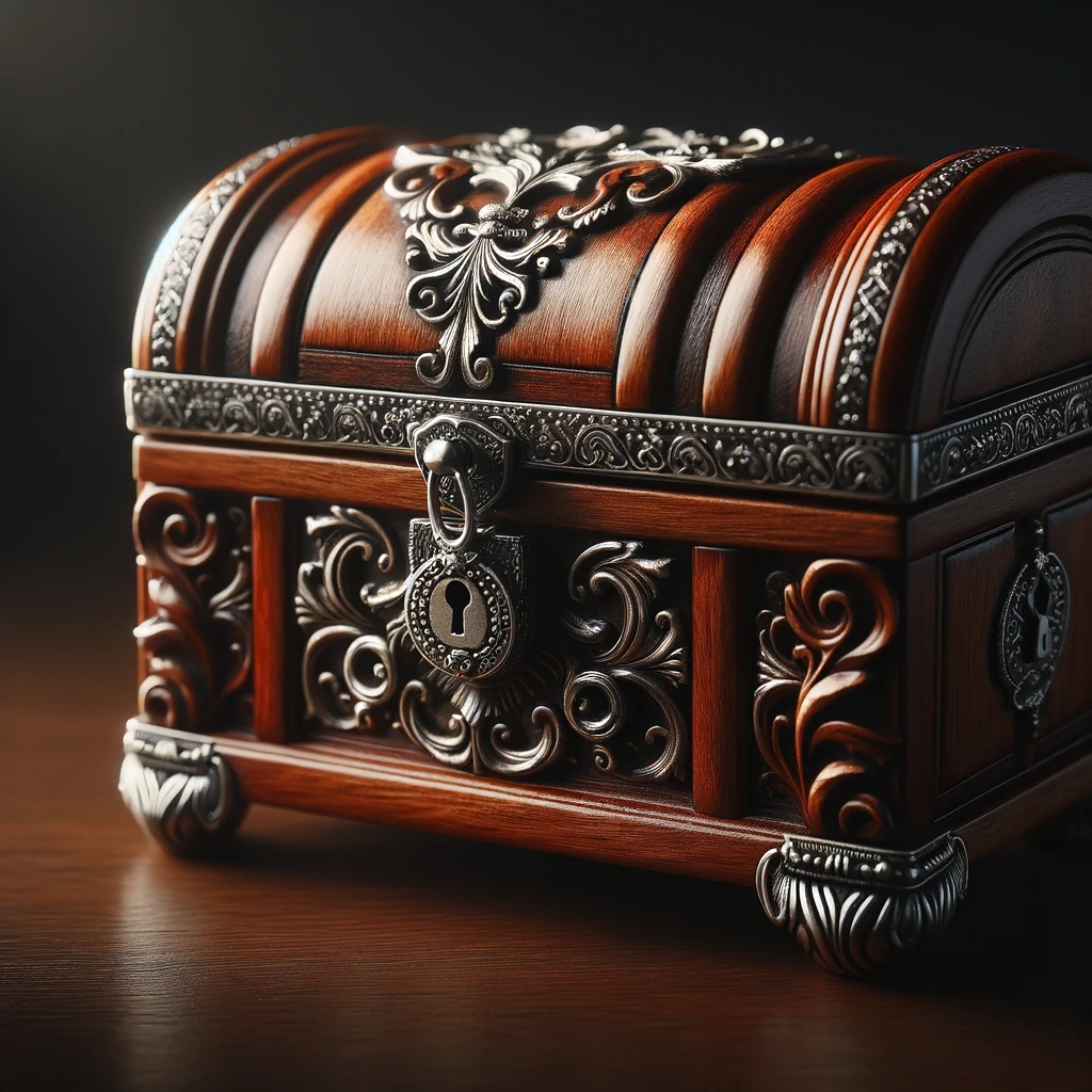 A small, ornate chest crafted from polished wood via AI | Source: DALL·E