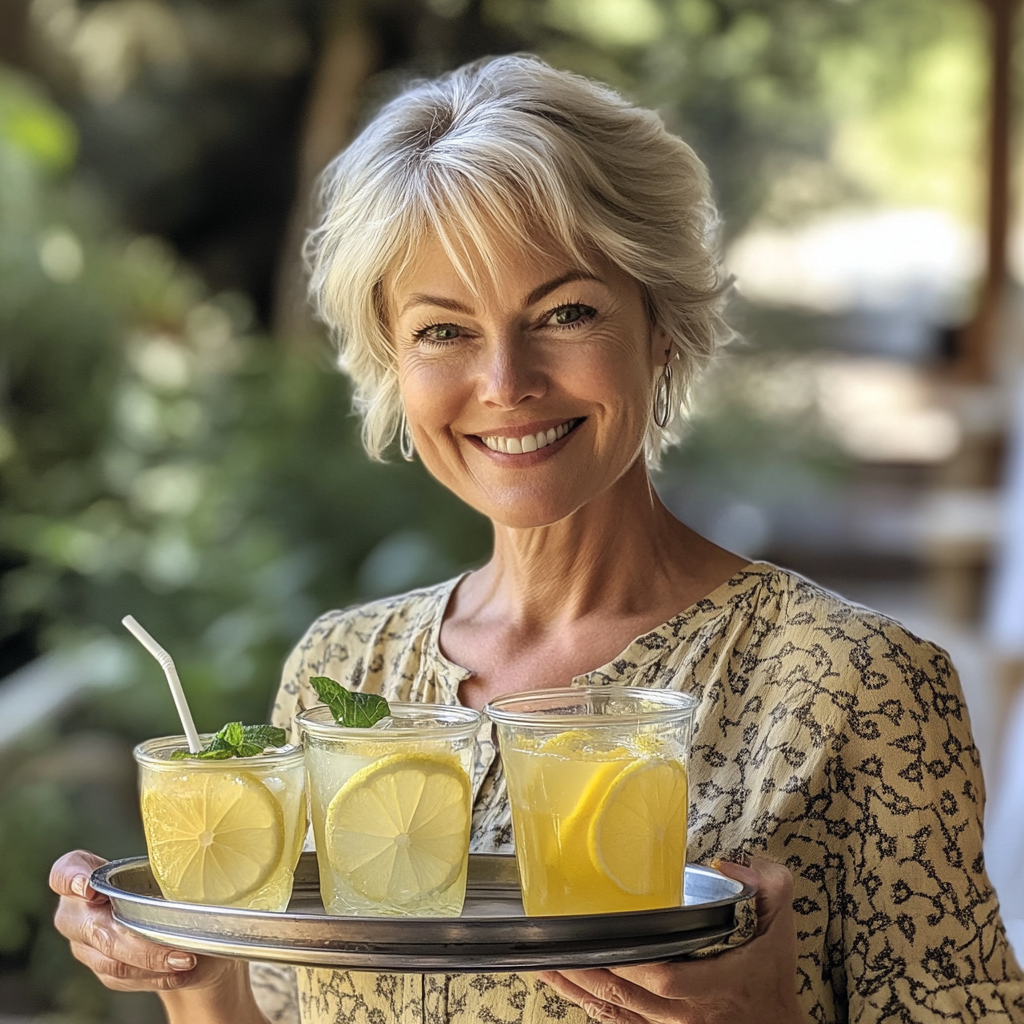 A woman holding a tray of lemonade | Source: Midjourney