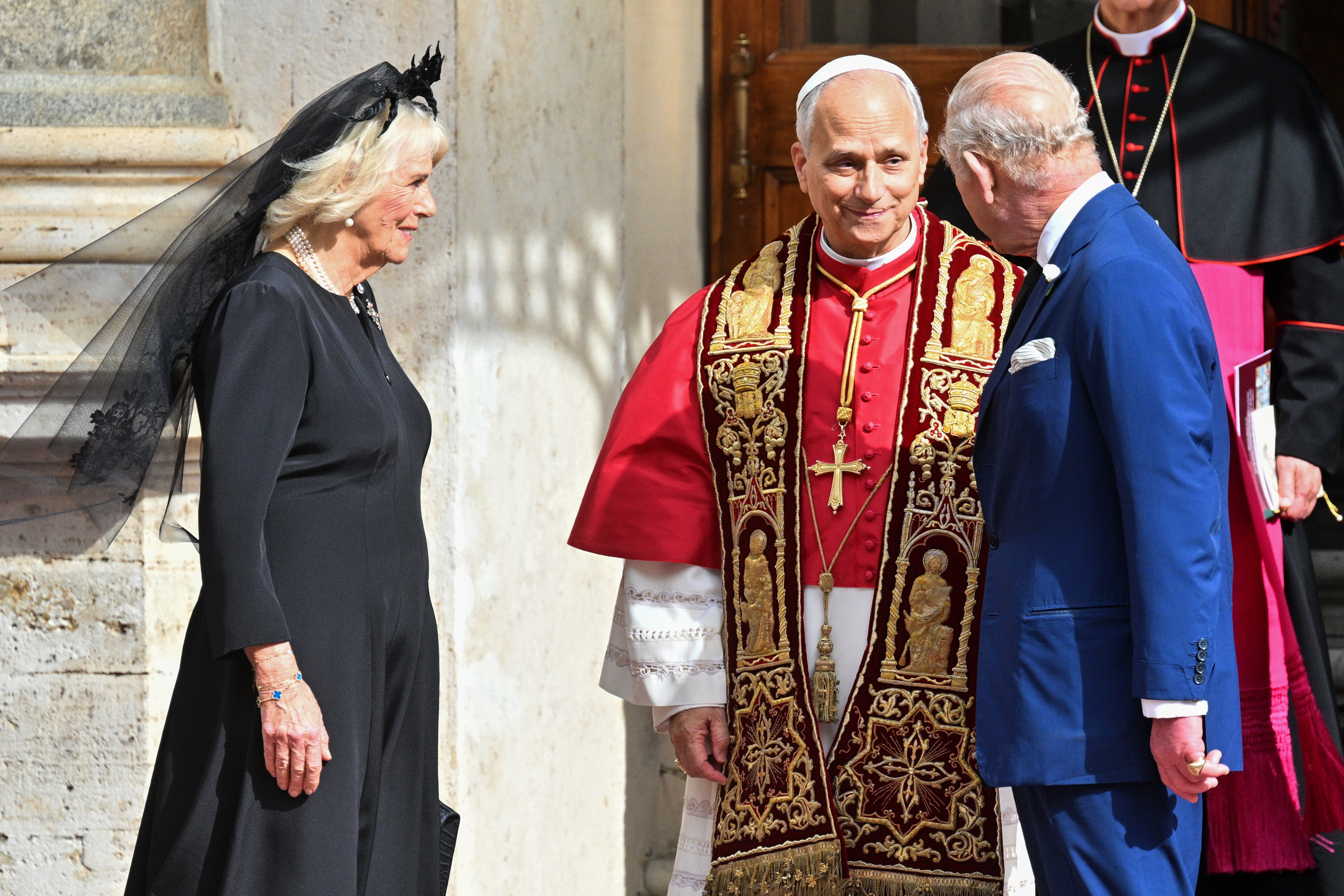 Queen Camilla, Pope Leo XIV, and King Charles III depart the Holy See from the San Damaso Courtyard in Vatican City | Source: Getty Images