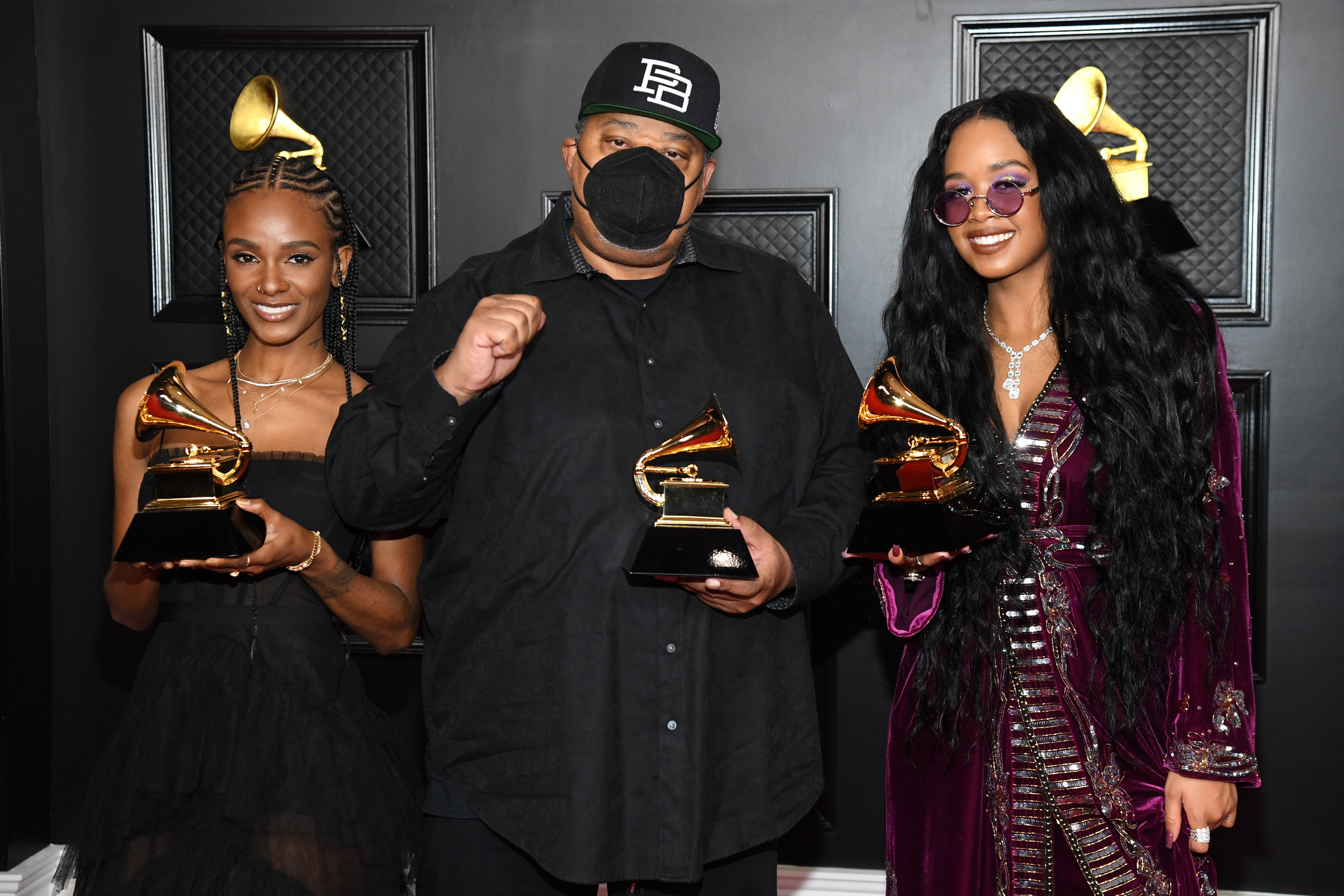 (L-R) Tiara Thomas, Jeff Robinson, and H.E.R., during the 63rd Annual GRAMMY Awards. Los Angeles Convention Center. March 14, 2021 in Los Angeles, California | Getty Images 