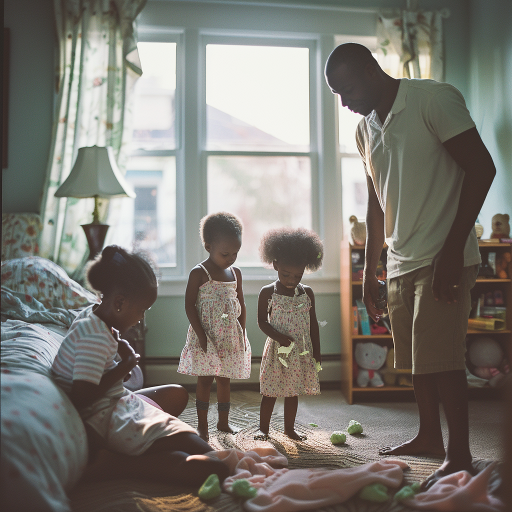 A father asking his children why theres Play-Doh on the carpet | Source: Midjourney