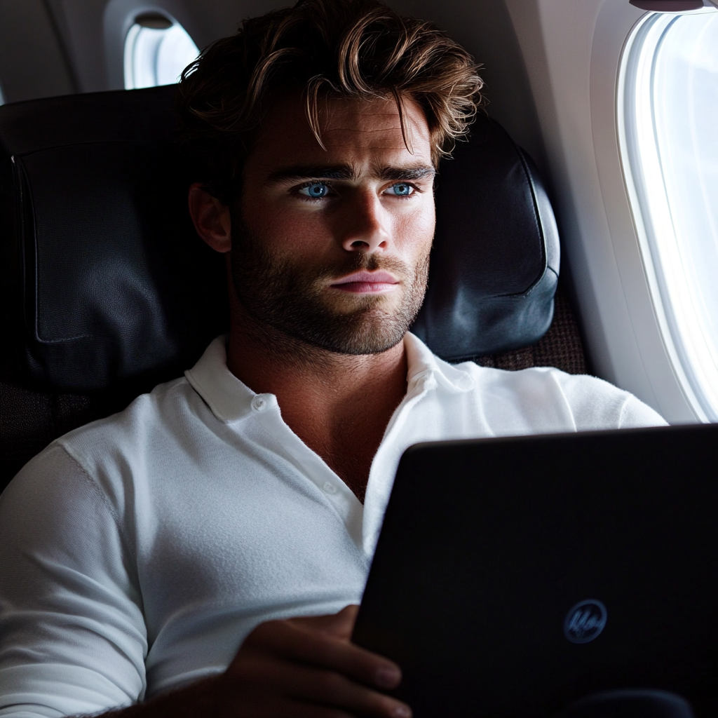 A man holding a laptop in an airplane | Source: Midjourney