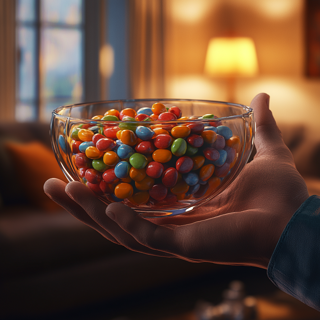 A man holding a bowl of candies | Source: Midjourney