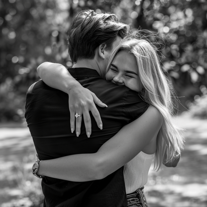 A woman hugging her boyfriend after a romantic proposal in a park | Source: Midjourney