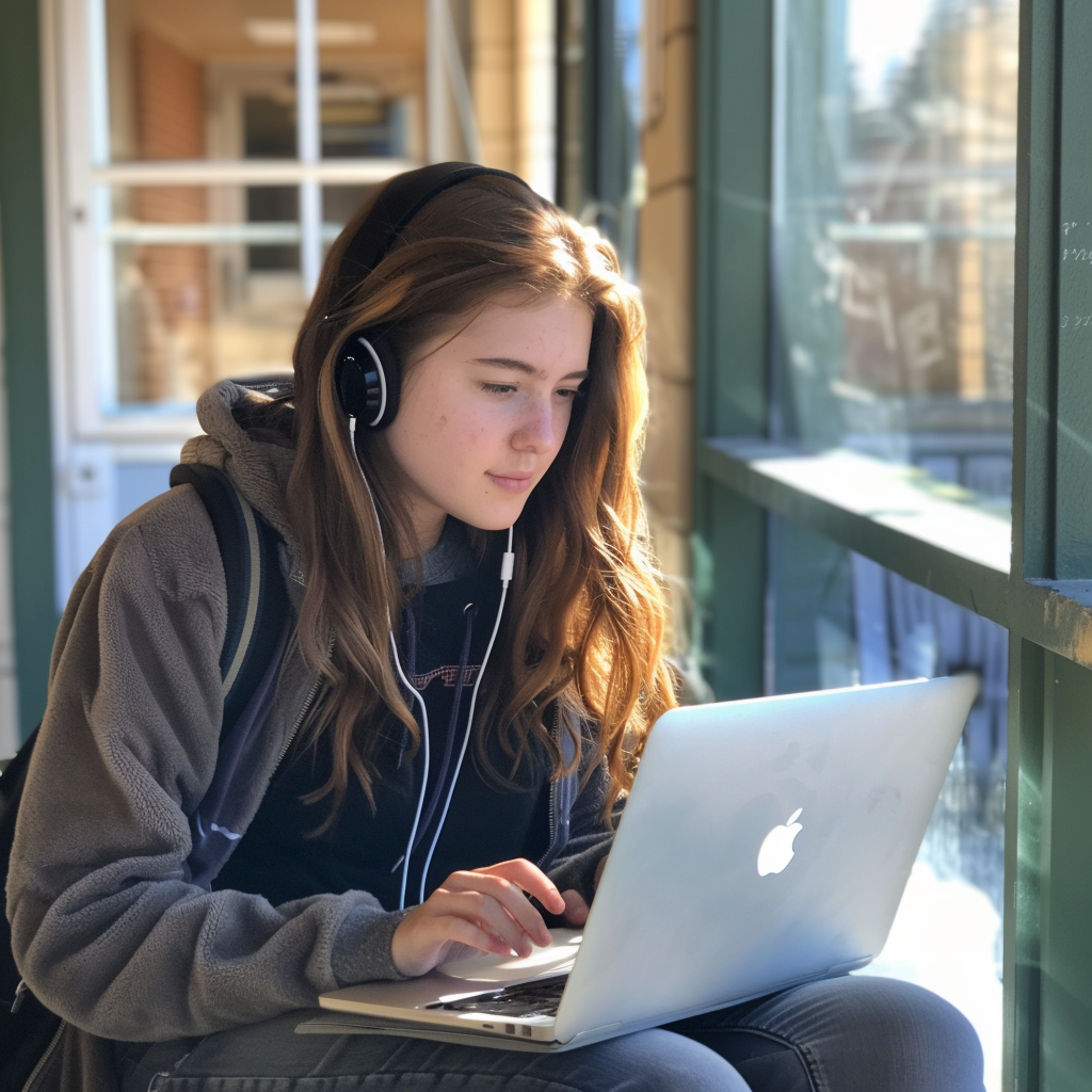 A girl sitting with a laptop and headphones | Source: Midjourney