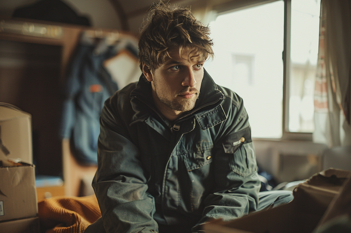 A man sitting on his bed in a trailer | Source: Midjourney