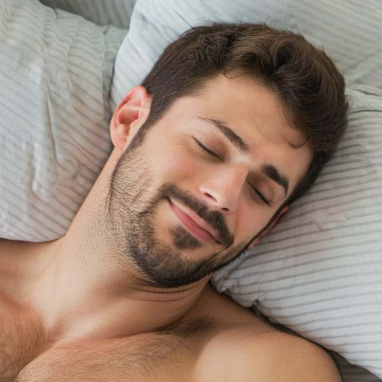 A man in bed, smiling happily | Source: Midjourney